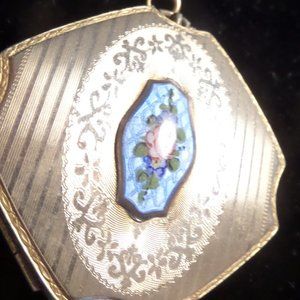 R & G ART DECO  LA mode WHITE GOLD PLATE GUILLOCHE ENAMEL COMPACT 1920-30'S